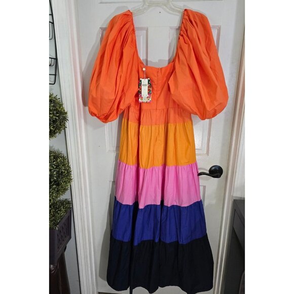 Farm Rio Anthropologie Womens Tiered Colorblock Maxi Dress Size M Cotton‎ NWT - Picture 6 of 10